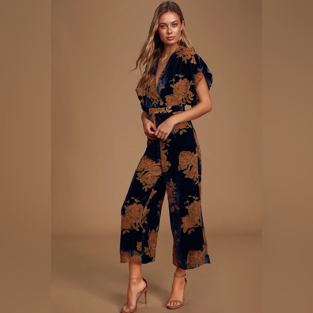Lulu's Chic Perfection Navy Blue Velvet Floral Print Culotte Jumpsuit
